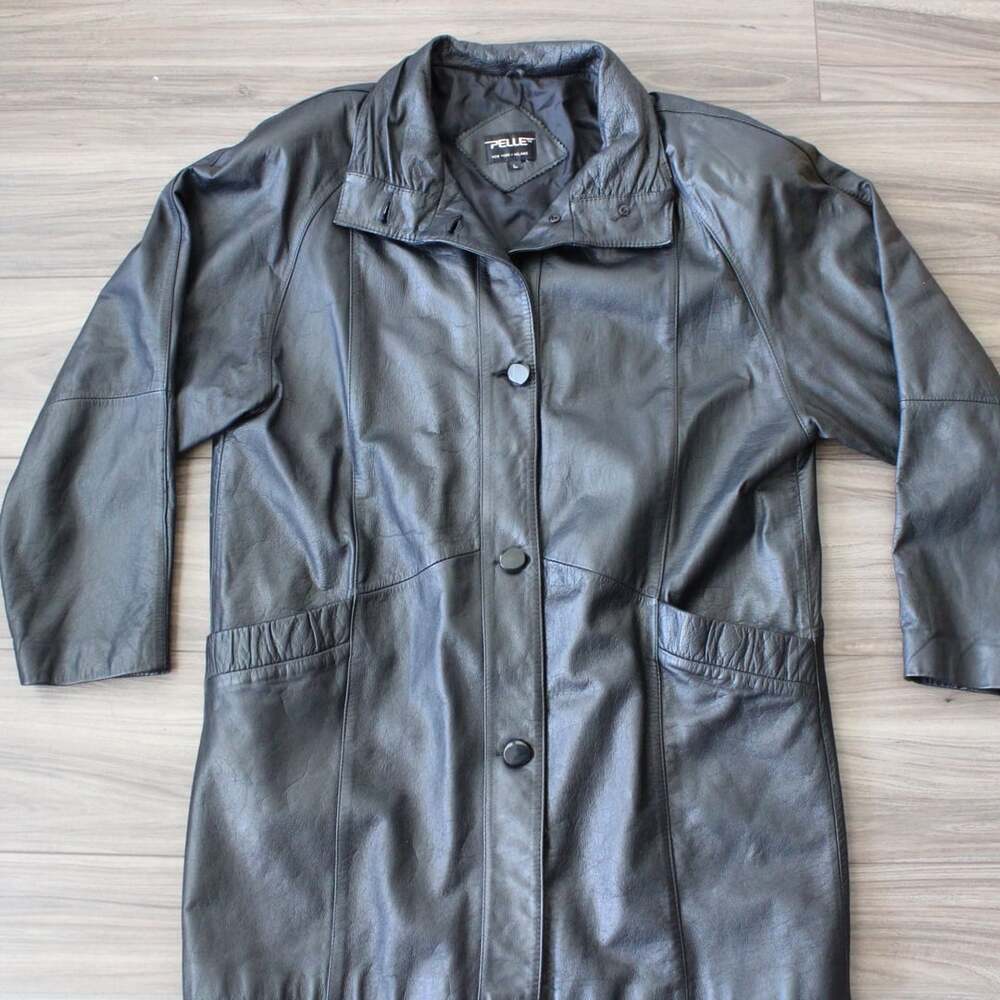 Pelle Leather Trench Coat Size L Black Genuine Leather Button Front